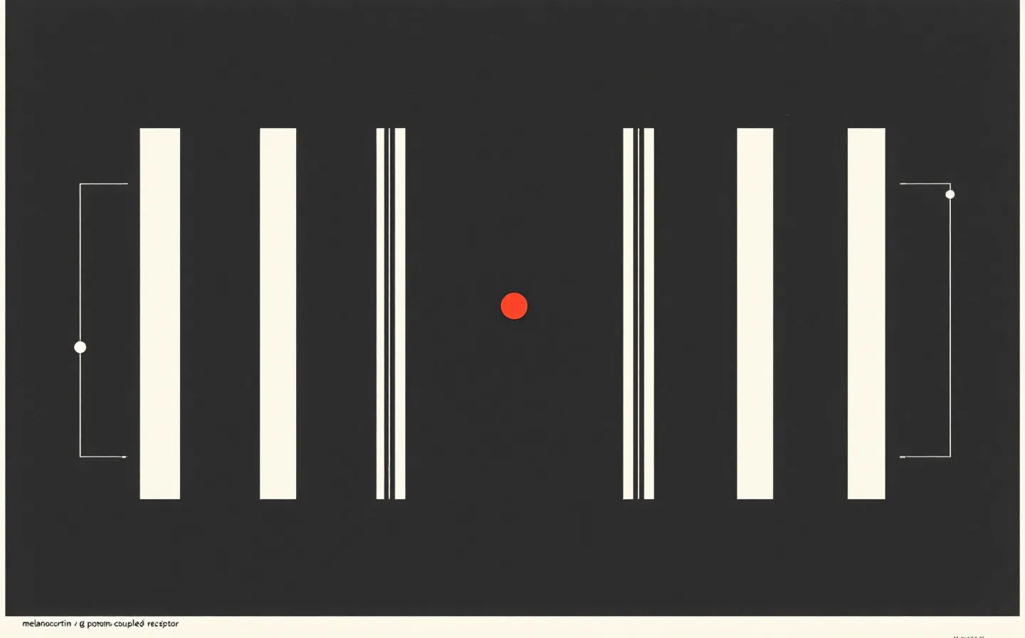 Flat poster schematic of an abstract seven-helix melanocortin receptor bundle in optic white with a single scarlet bound-agonist node, on a deep cool ink ground